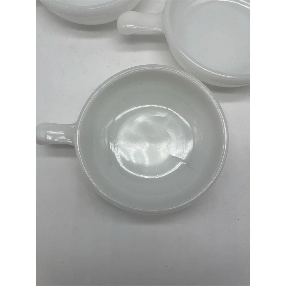 Vintage Glasbake Soup Bowls White Milk Glass Handled Crocks, Set of 3 With Lids